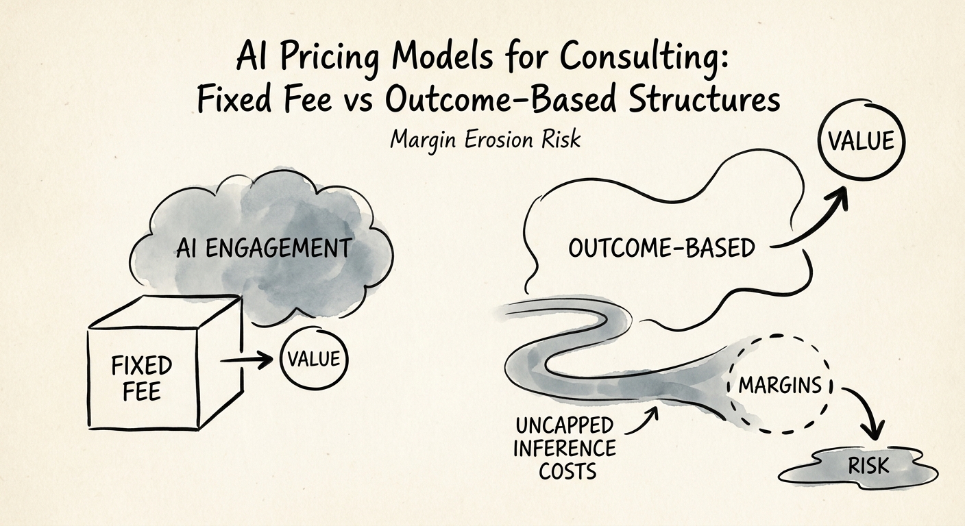 A diagram illustrating the margin erosion risk associated with uncapped inference and API costs in outcome-based AI engagements.
