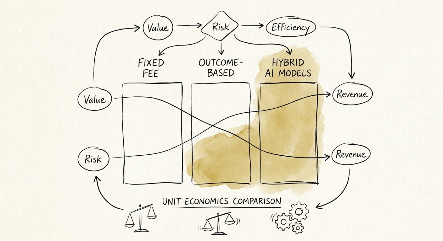 A chart showing the unit economics of hybrid AI pricing models compared to fixed fee and outcome-based structures.