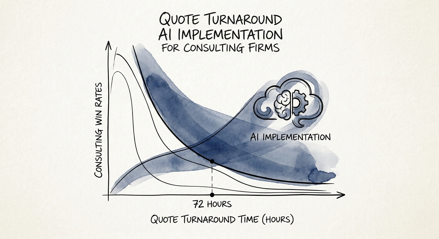 Consulting firm leaders reviewing an AI-assisted quote turnaround workflow with scope and pricing controls.