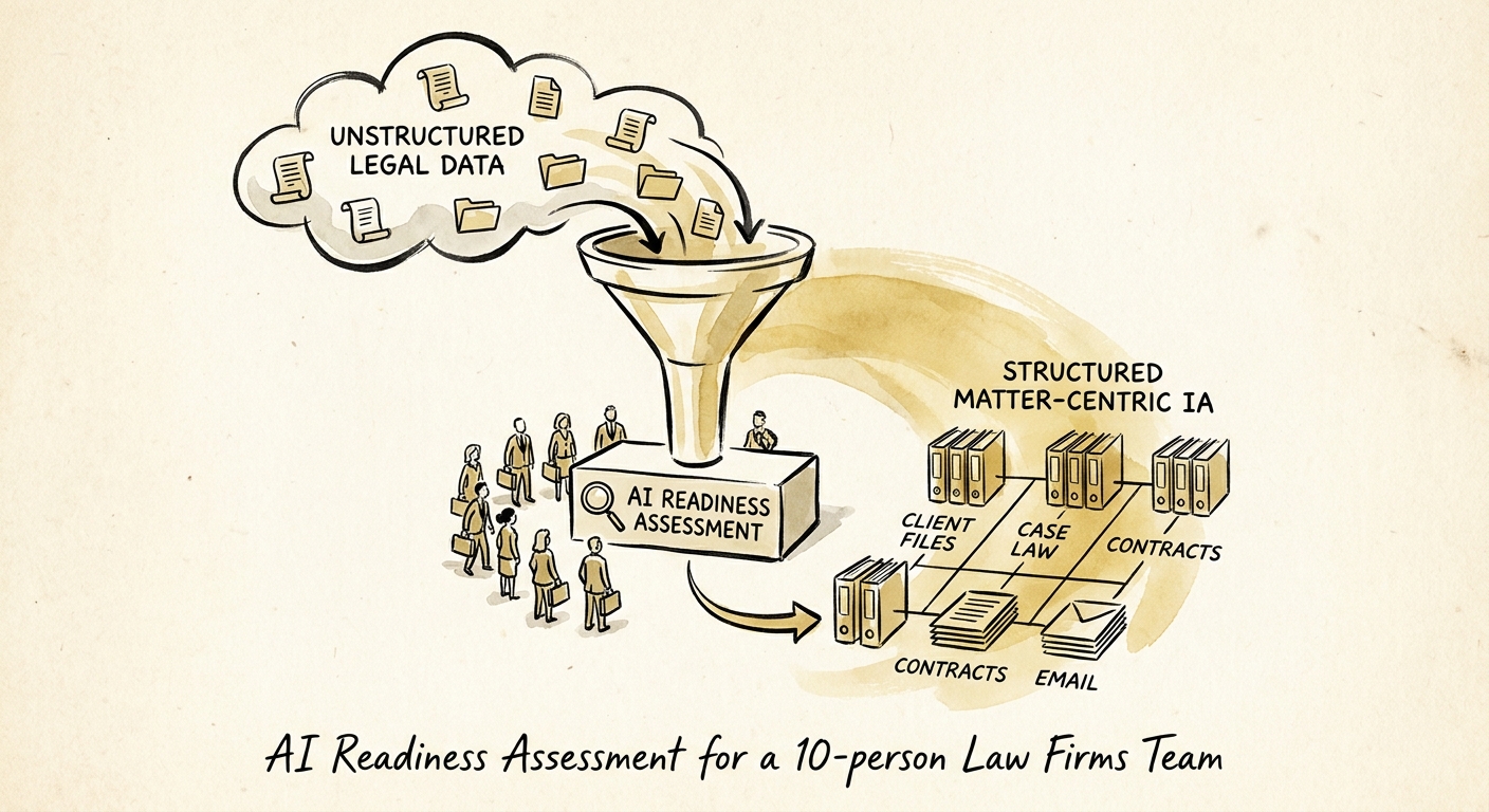 Diagram showing the flow of unstructured legal data being processed into structured, matter-centric information architecture.