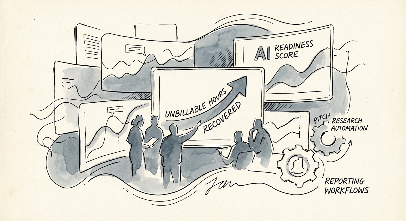 AI readiness scorecard for a marketing agency showing source data, brand governance, review ownership, client approval, and ROI measurement.