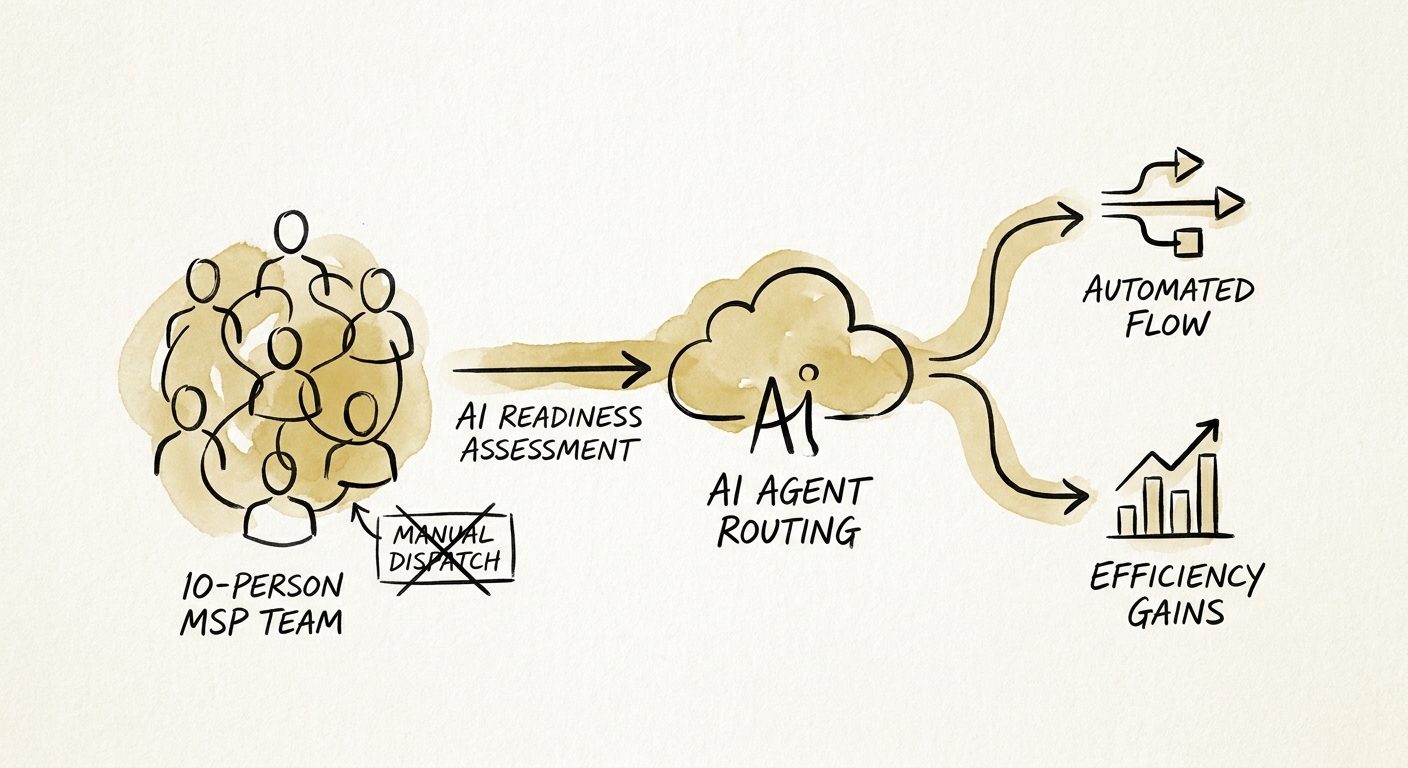 Process flowchart mapping the elimination of manual dispatch in a 10-person managed service provider using AI agent routing