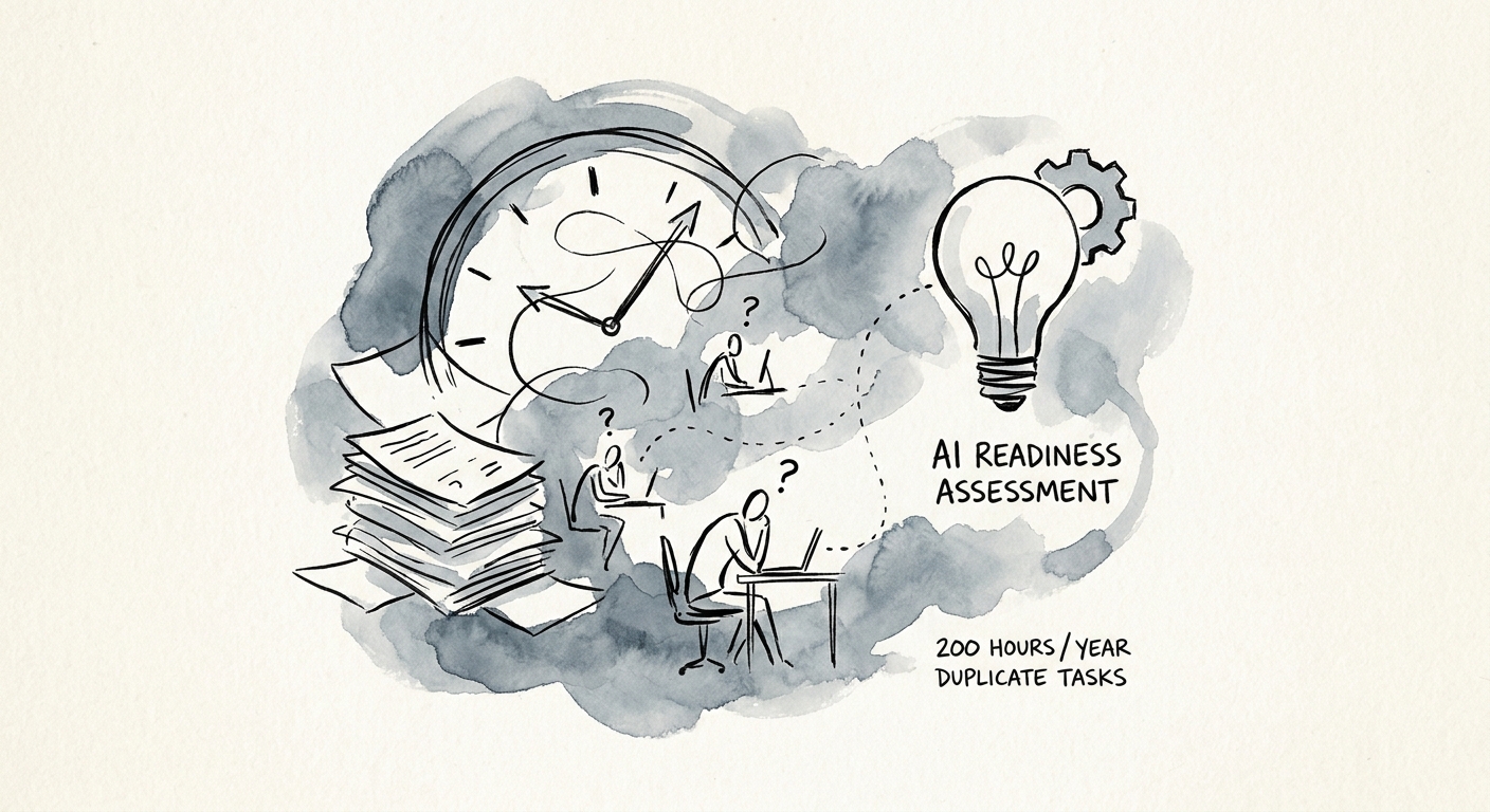AI readiness scorecard for a 10-person professional services firm across workflow, data, controls, and adoption.