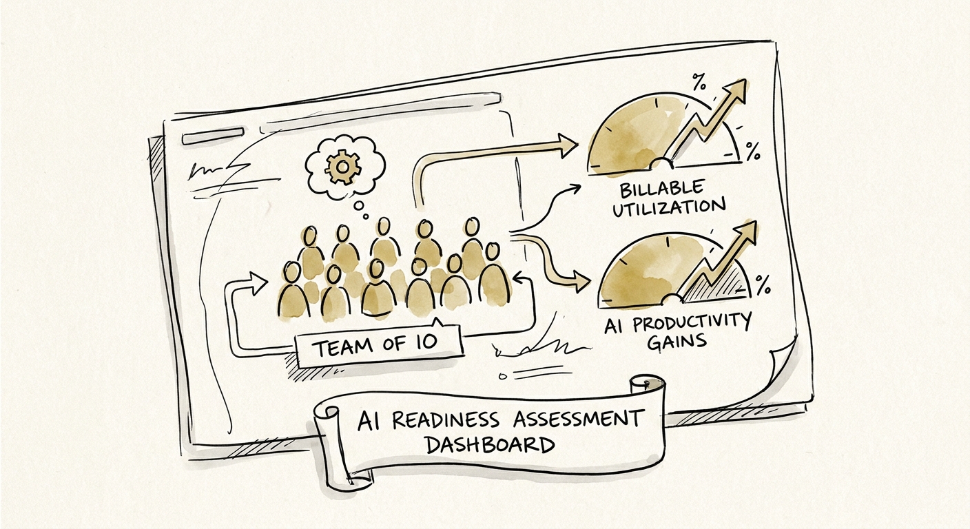 A performance dashboard tracking billable utilization and AI productivity gains in a 10-person services firm.