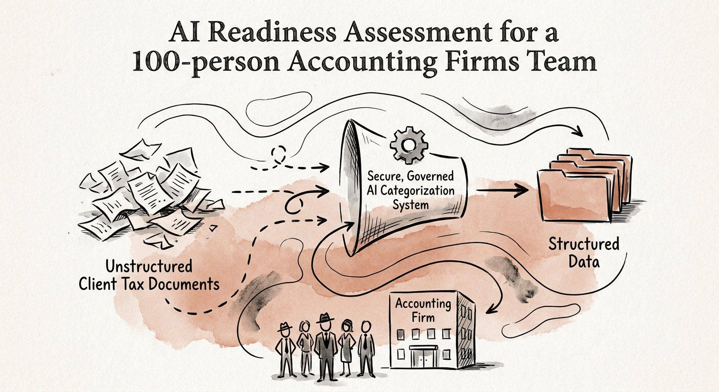 A diagram showing the flow of unstructured client tax documents into a secure, governed AI categorization system.