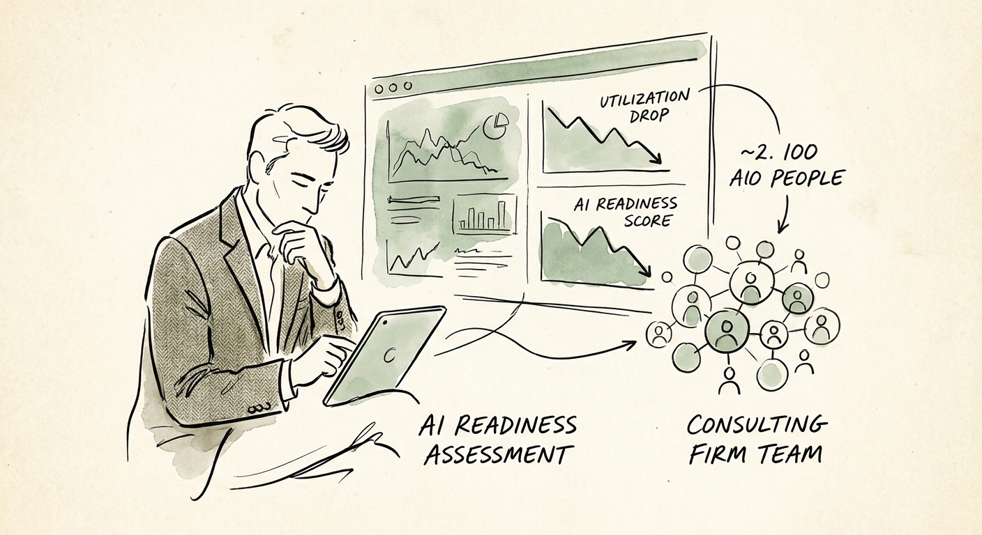 Operator workspace reviewing AI readiness assessment priorities for a 100-person consulting firm.