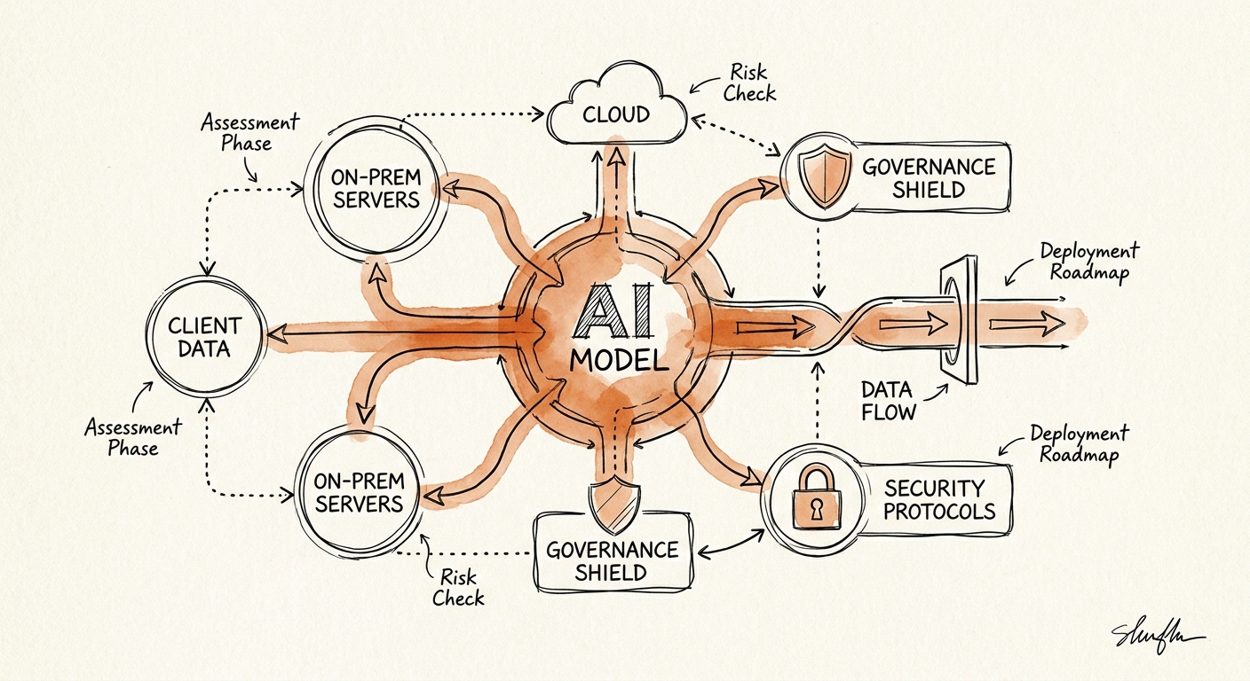 Operating model for service desk, knowledge, and delivery workflow readiness showing sources, reviewers, controls, and ROI measures.