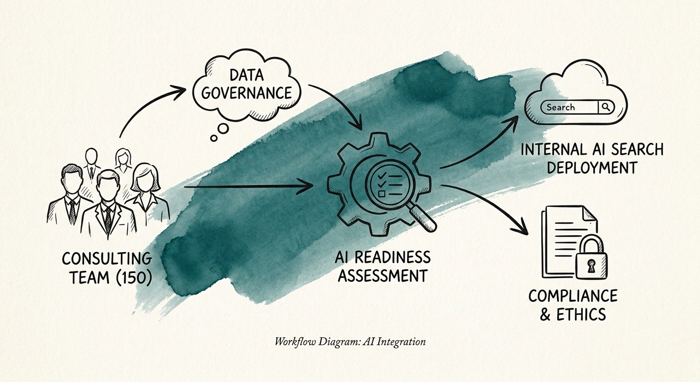 Consulting workflow diagram illustrating data governance and AI internal search deployment.