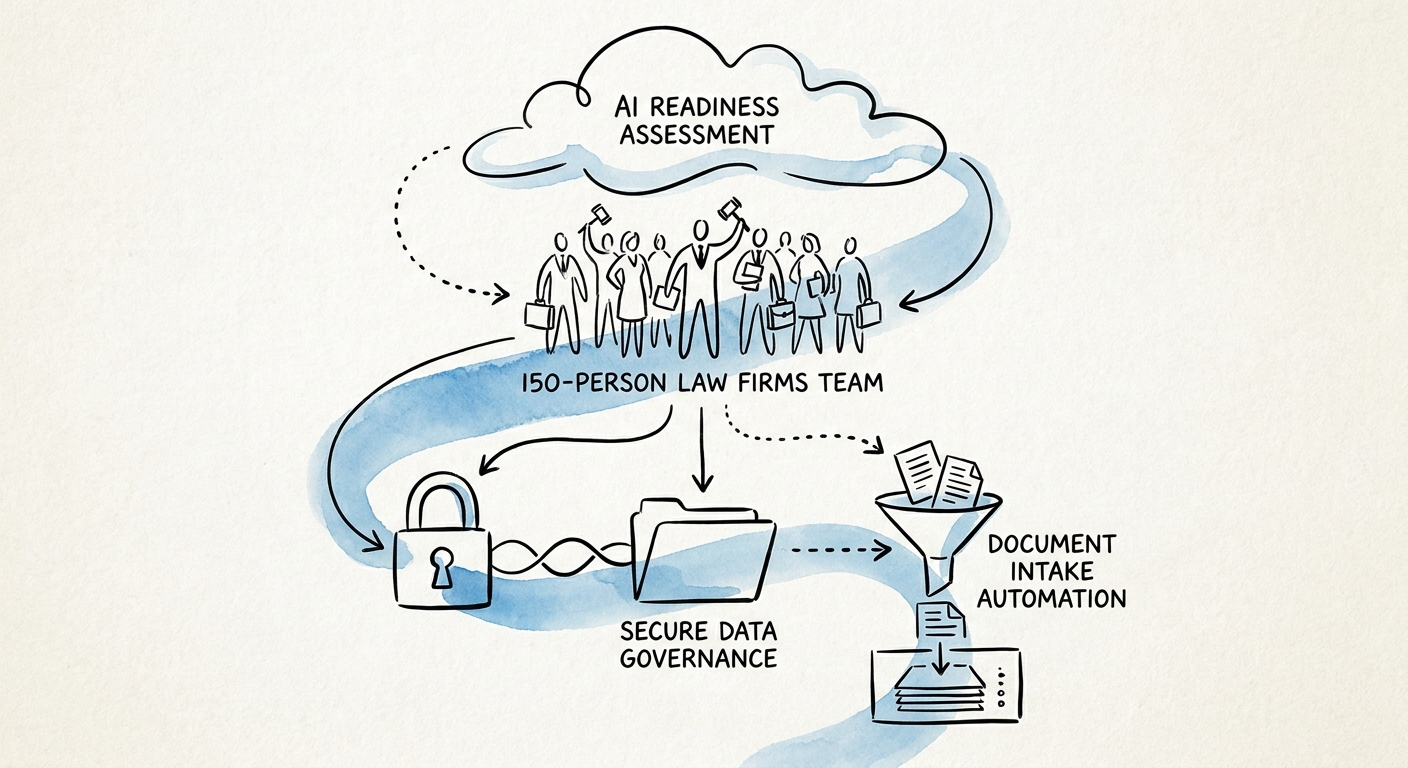 A diagram showing secure data governance and document intake automation for legal teams.