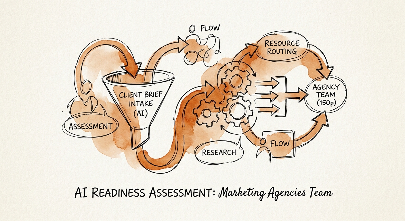 AI readiness workflow for a marketing agency connecting client reporting, brief intake, proposal assembly, review, and measurement.