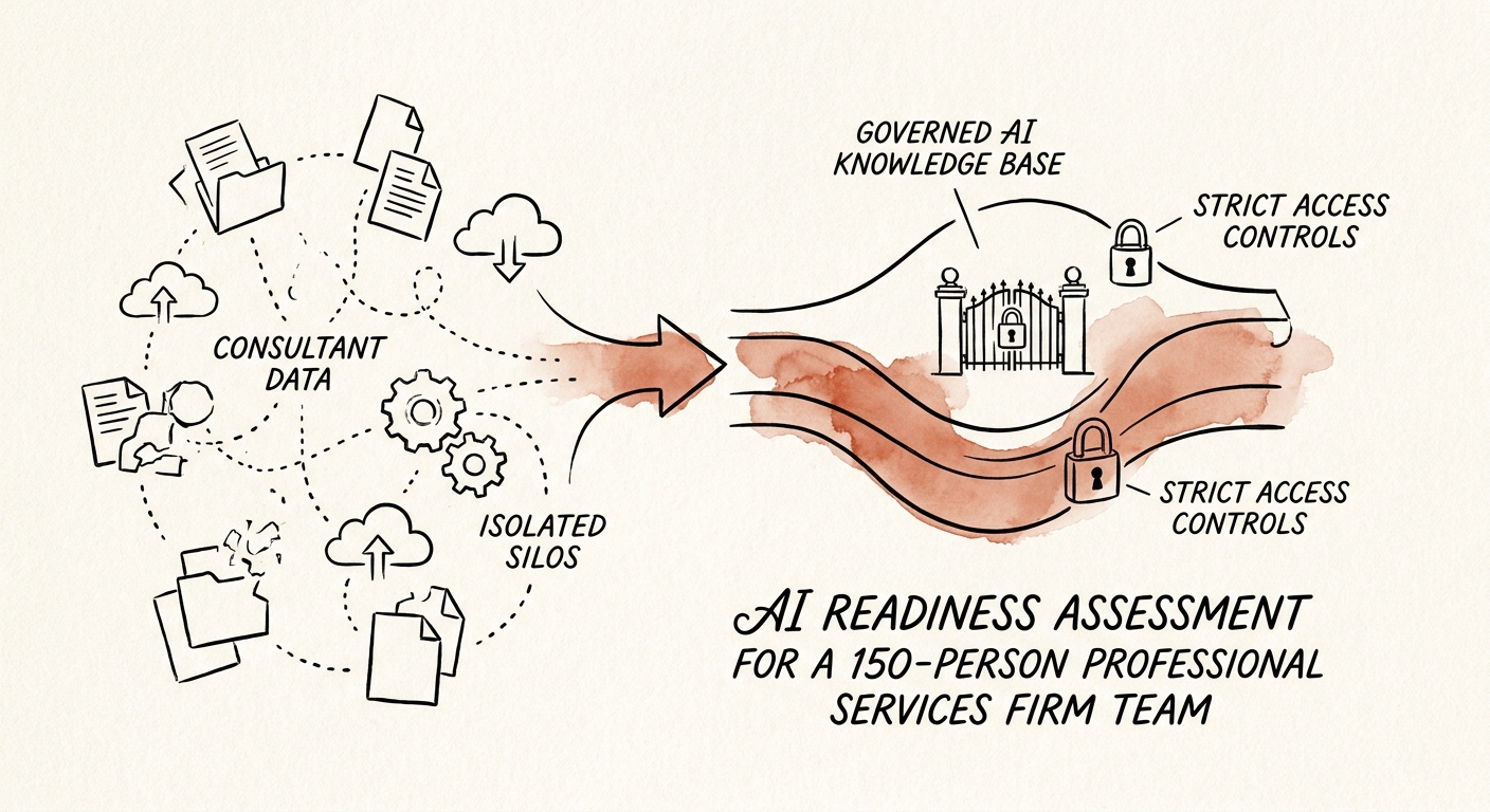 Architecture diagram showing the transition from fragmented consultant data to a governed AI knowledge base with strict access controls.