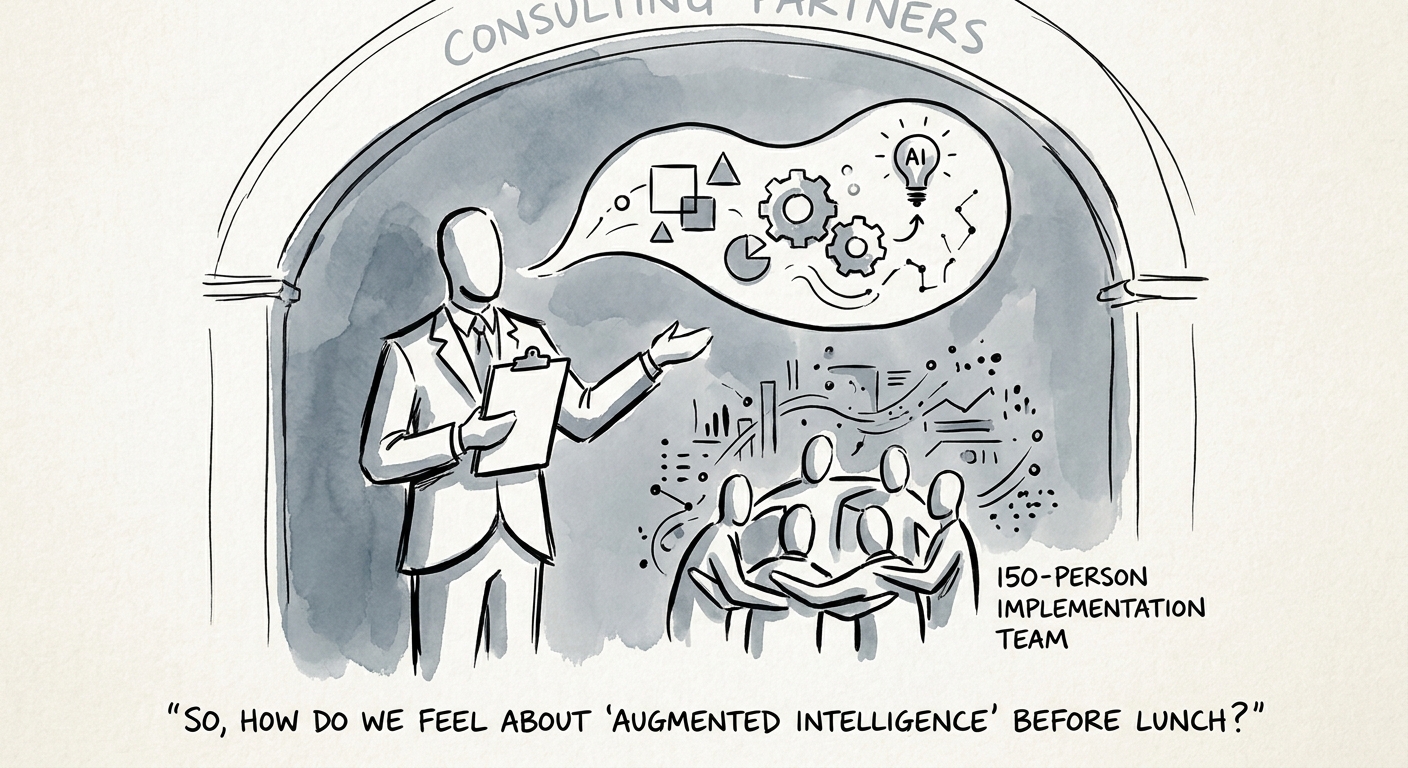 150-person software implementation partners reviewing a governed AI workflow for software implementation delivery.