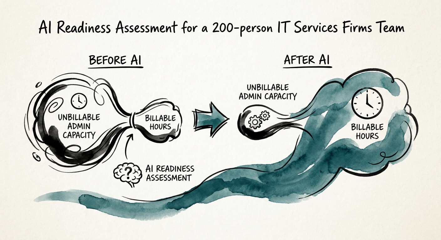 AI readiness scorecard for a 200-person IT services firm showing source quality, client-data boundaries, reviewer capacity, and first-sprint candidates.