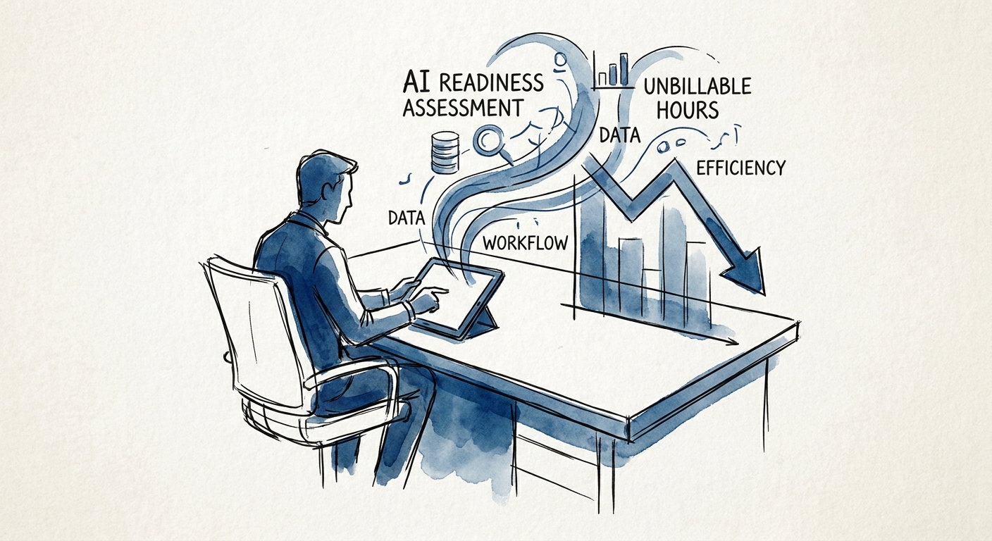 Architecture firm principal evaluating AI readiness and unbillable time metrics on a dashboard.