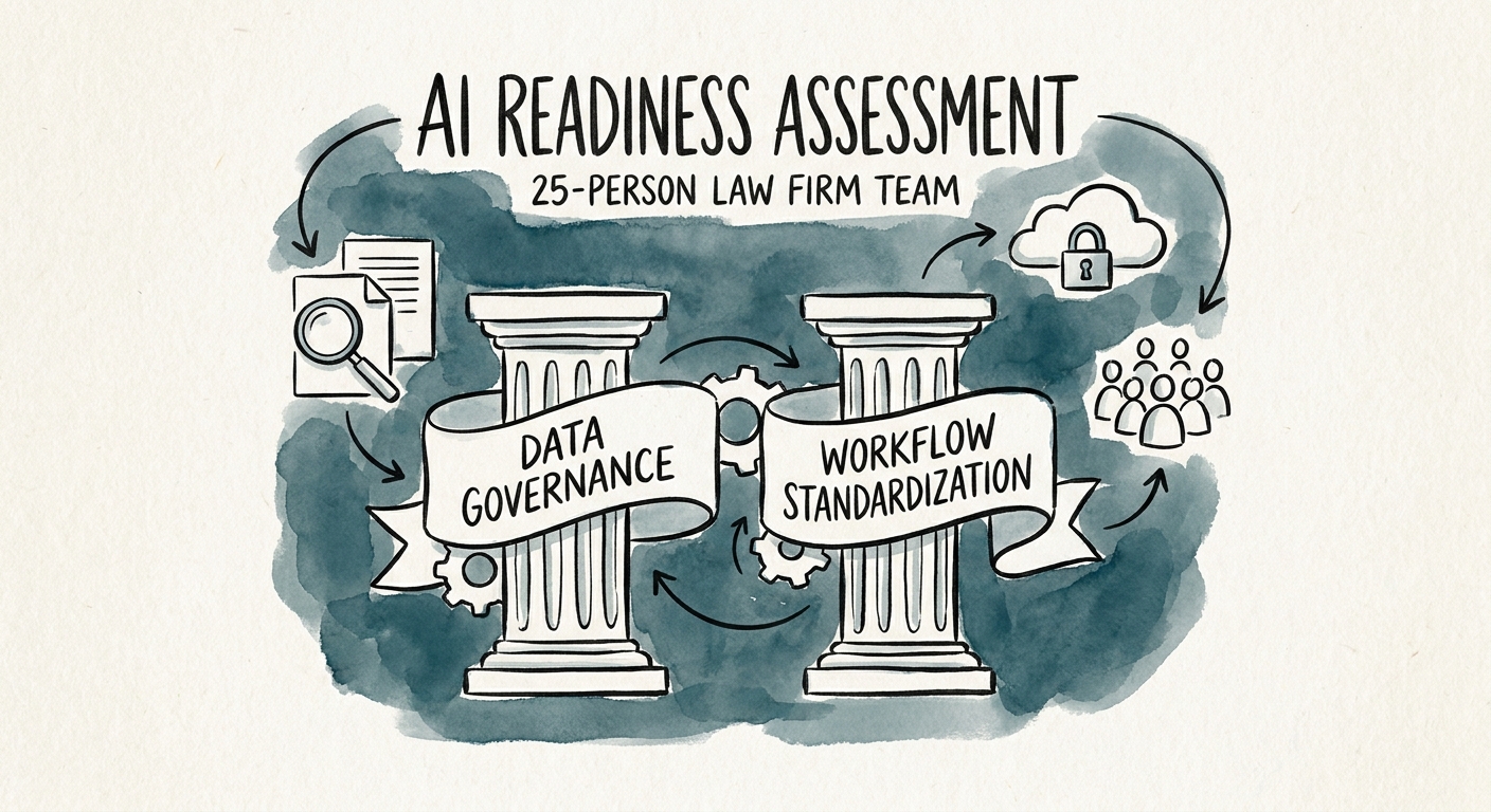 Diagram showing data governance and workflow standardization pillars for a mid-market law firm