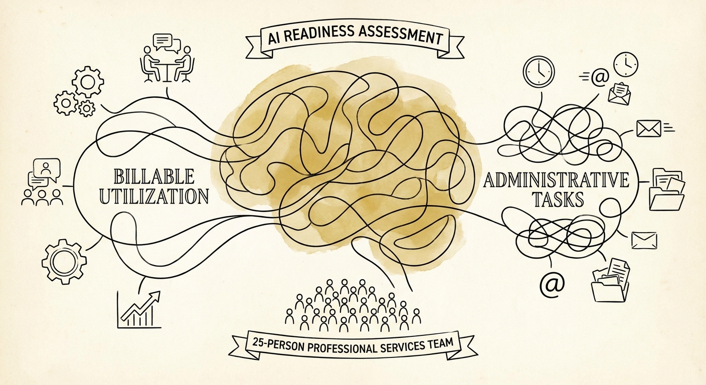 AI readiness scorecard for a 25-person professional services team across workflow, data, controls, and adoption.