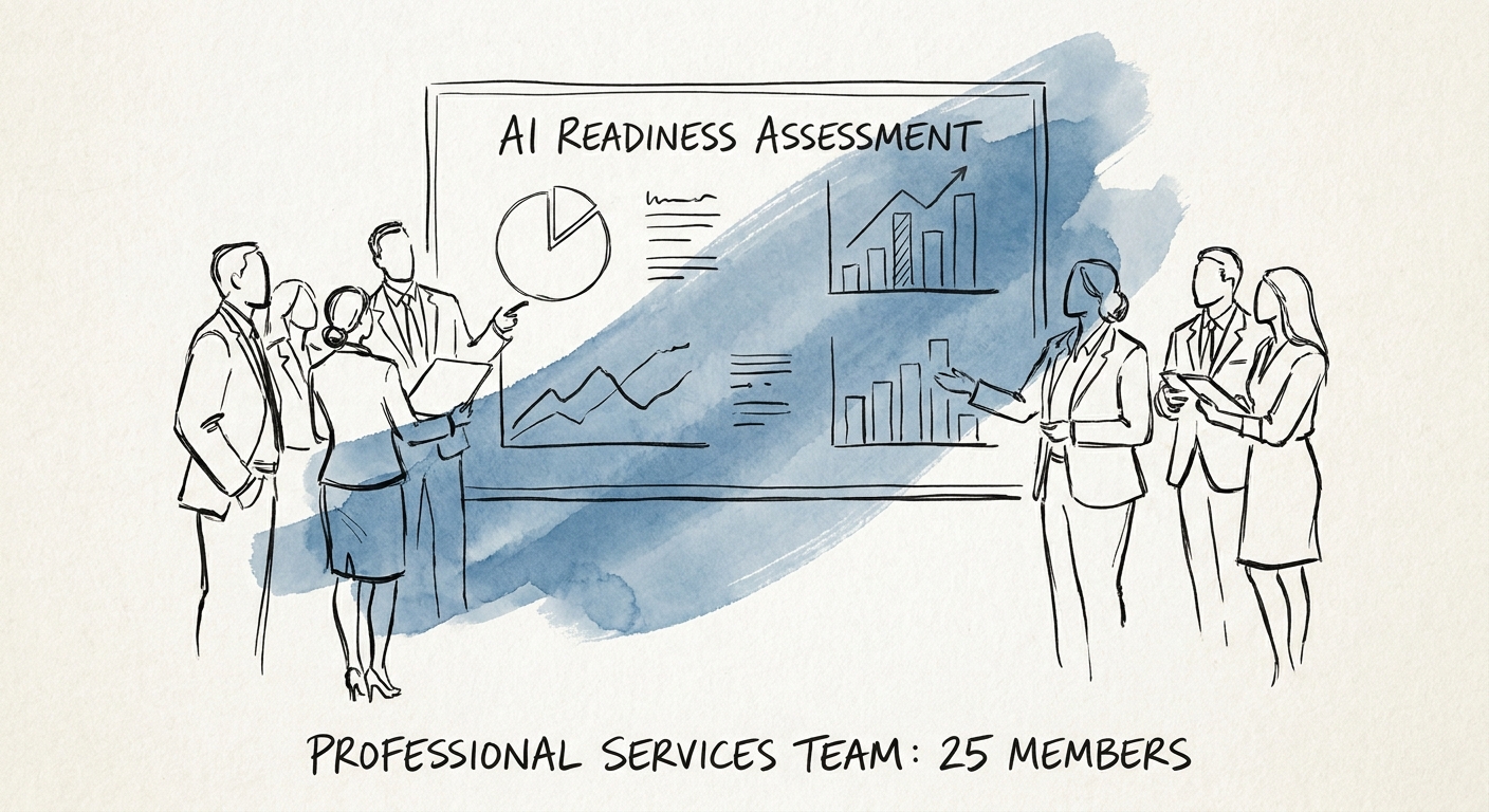 Leadership team reviewing an AI readiness assessment for a 25-person professional services team.