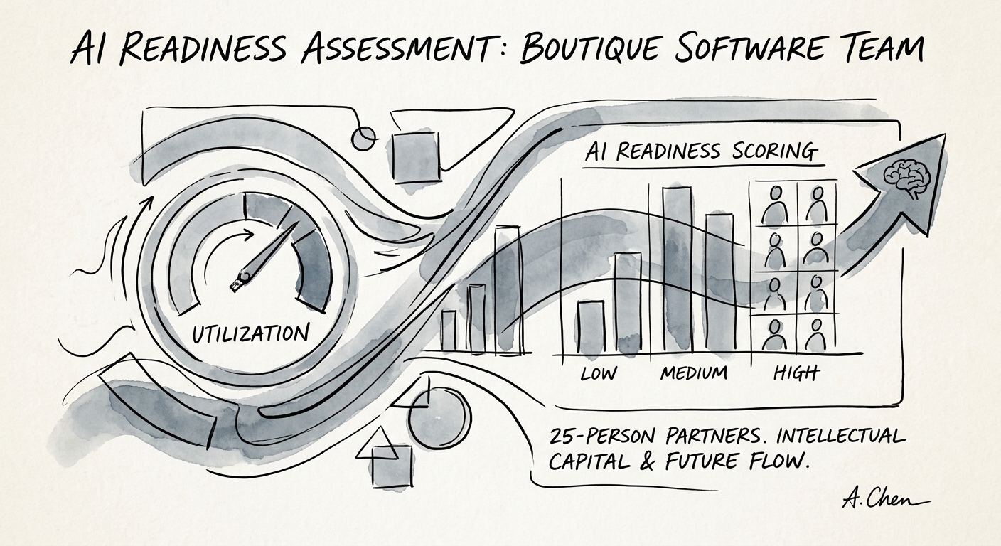 Dashboard showing utilization rates and AI readiness scoring for a boutique software implementation team.
