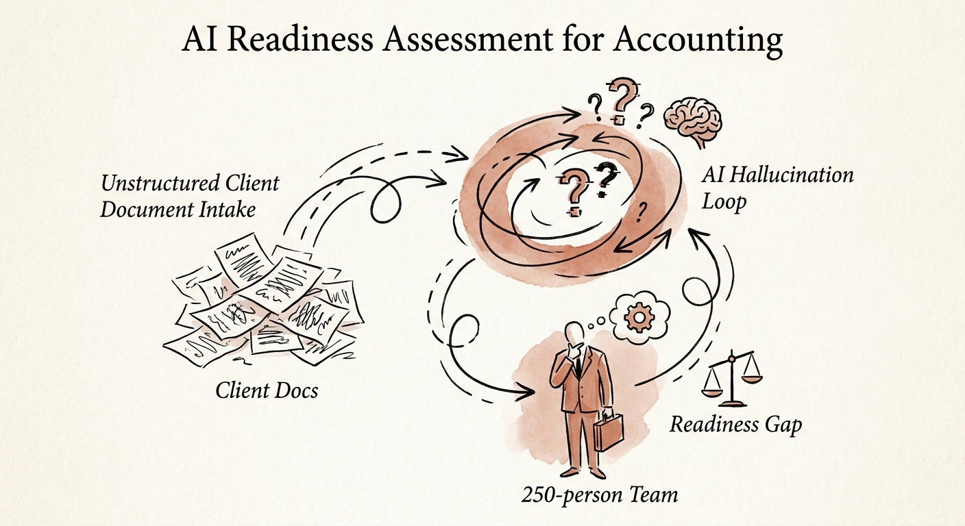 A diagram showing unstructured client document intake causing AI hallucination loops in an accounting practice.