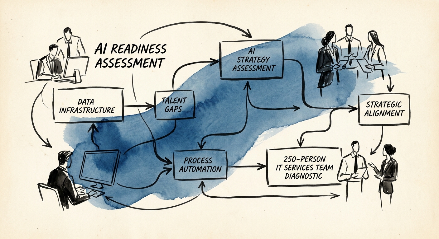 Three-layer AI readiness model for a mid-market IT services firm: data, governance, workflow ROI.