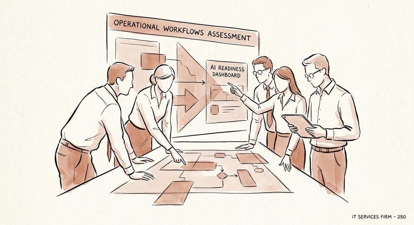 Executive team at a 250-person IT services firm reviewing an AI operating model.