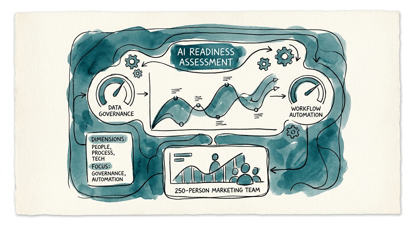 Marketing agency leadership reviewing an AI readiness assessment across client work, QA, and governance.