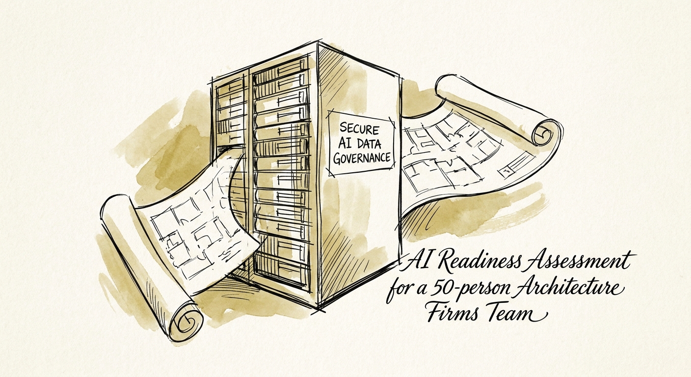 A secure data server interacting with architectural blueprints, symbolizing secure AI data governance.