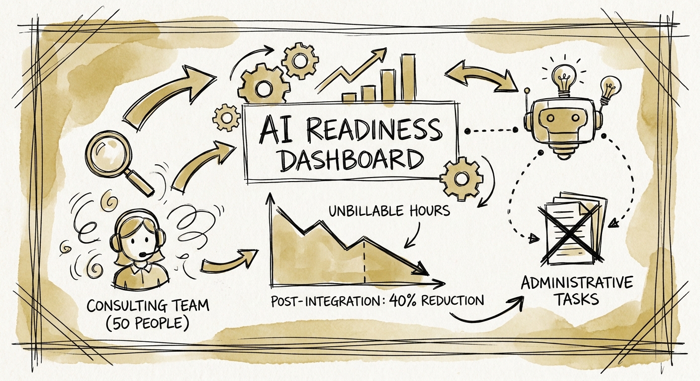 AI implementation checklist for 50-person consulting firm showing source quality, permissions, review, adoption, and ROI measurement.