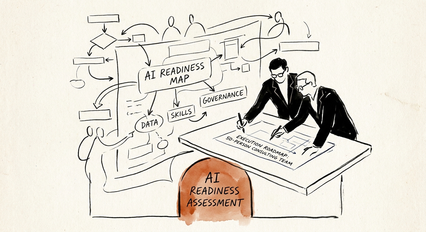 Leadership team reviewing a governed AI workflow plan for 50-person consulting firm.