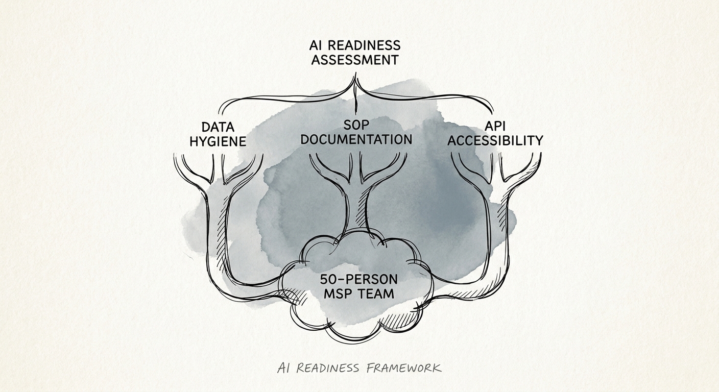 AI readiness checklist for an MSP showing data quality, SOPs, permissions, review, and ROI measurement.