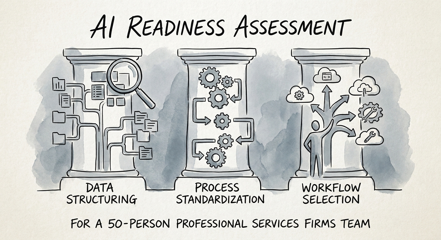 AI implementation checklist for 50-person professional services firm showing source quality, permissions, review, adoption, and ROI measurement.