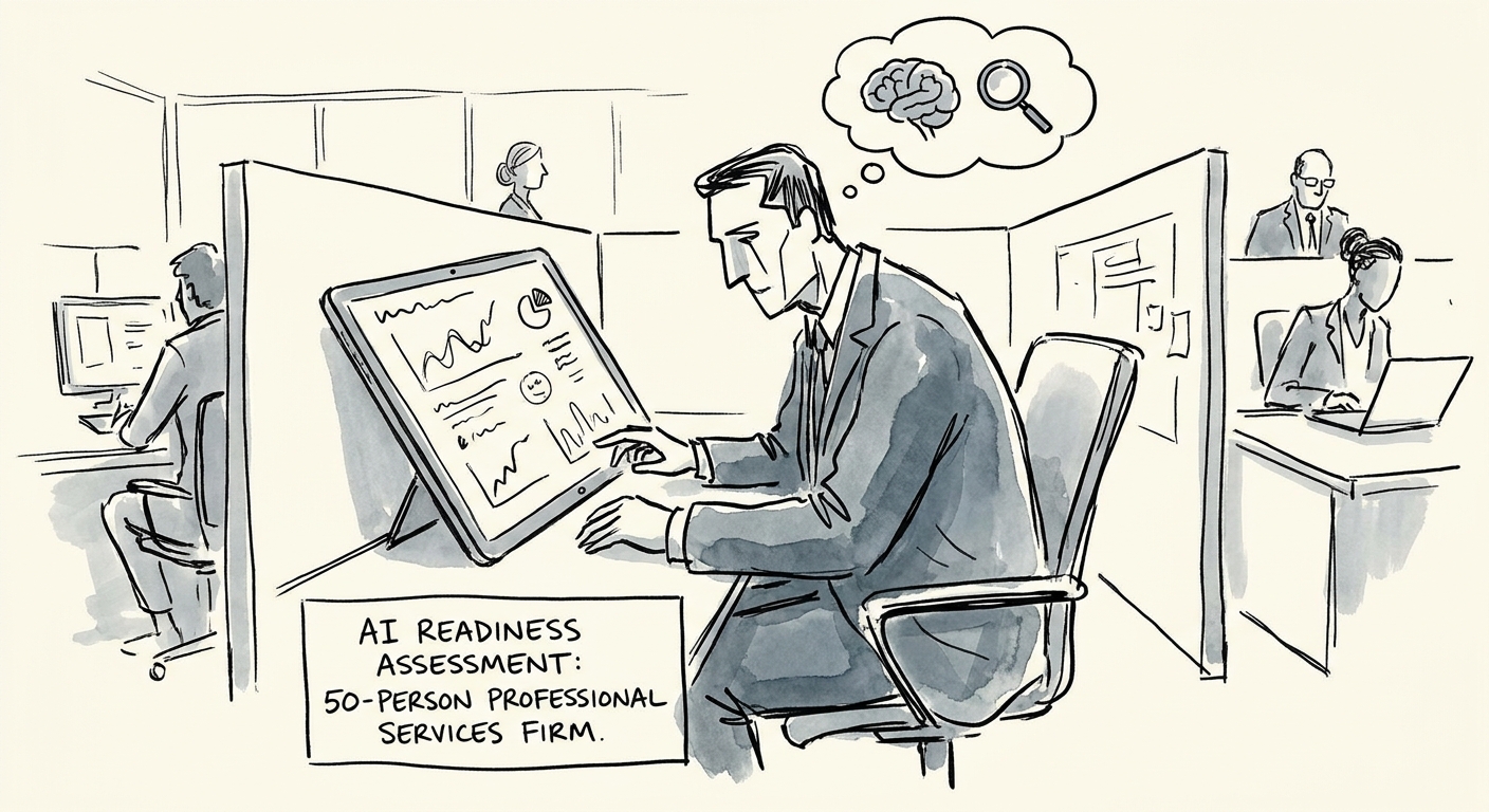 Leadership team reviewing a governed AI workflow plan for 50-person professional services firm.