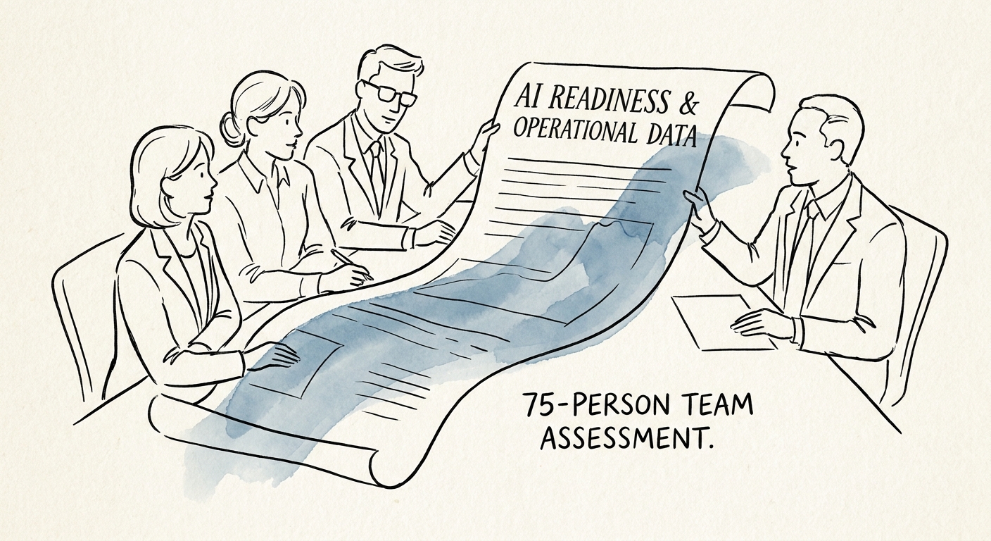 Leadership team reviewing a governed AI workflow plan for 75-person professional services firm.