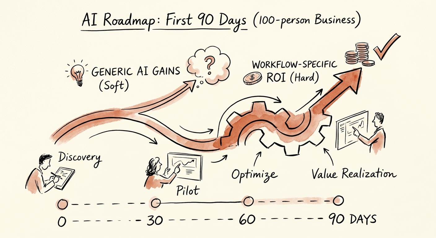 AI roadmap showing governance, data readiness, workflow pilot, human review, and ROI measurement.
