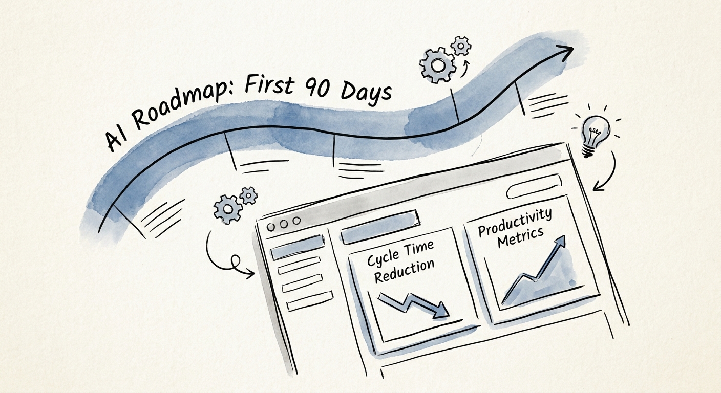 First 90 days AI roadmap showing readiness assessment, workflow selection, governance controls, pilot launch, and scale decision.