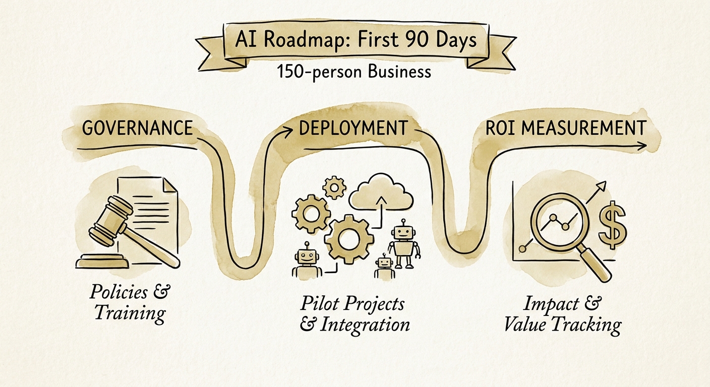 Leadership team of a 150-person business planning a 90-day AI roadmap across workflow, governance, and measurement.
