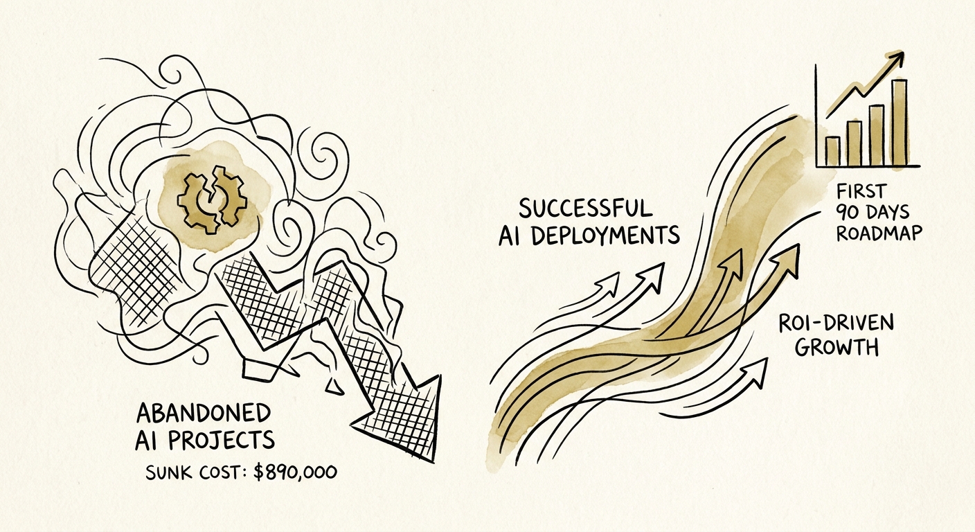 Ninety-day AI roadmap showing assessment, pilot selection, production controls, and value review.