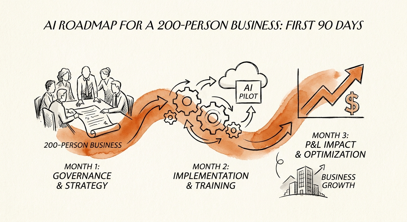 Executive team at a 200-person business planning a first 90-day AI roadmap.