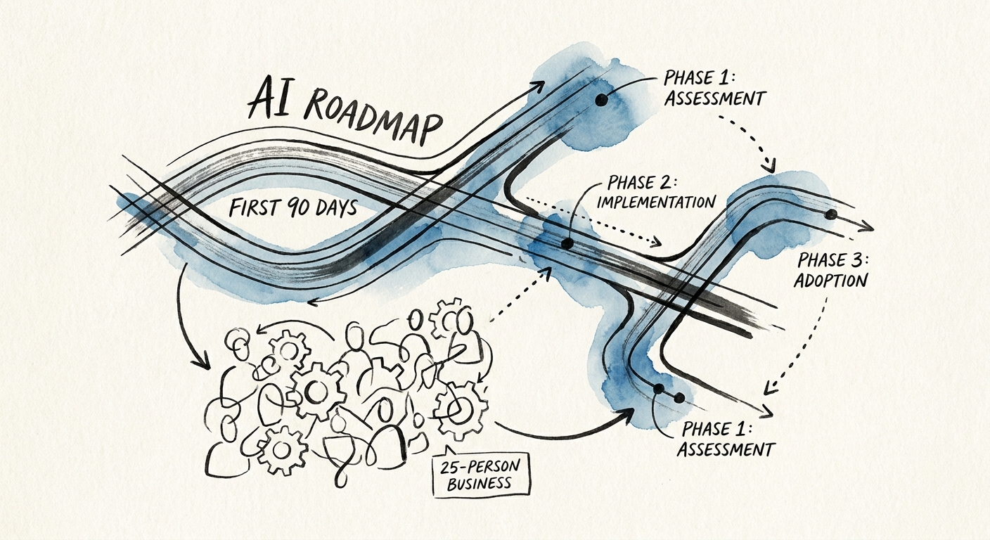 Leadership team reviewing a governed AI workflow plan for 25-person business.