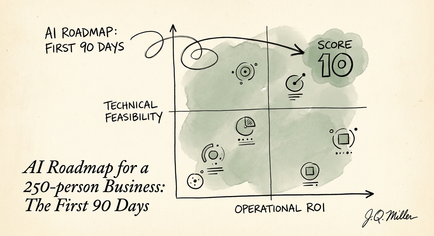 AI roadmap timeline showing workflow inventory, governance, pilot build, and adoption review over 90 days.