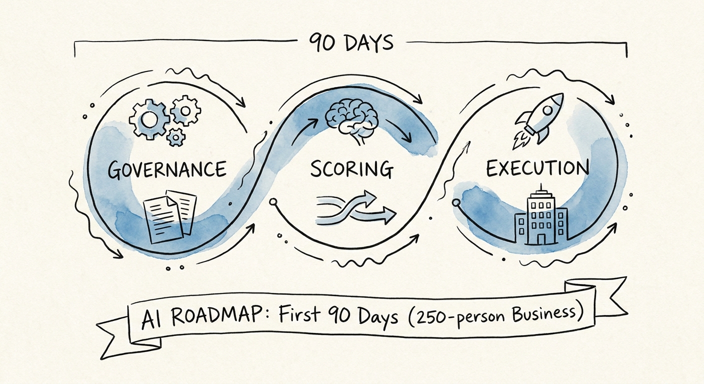 Executive team reviewing a 90-day AI roadmap for a 250-person business.