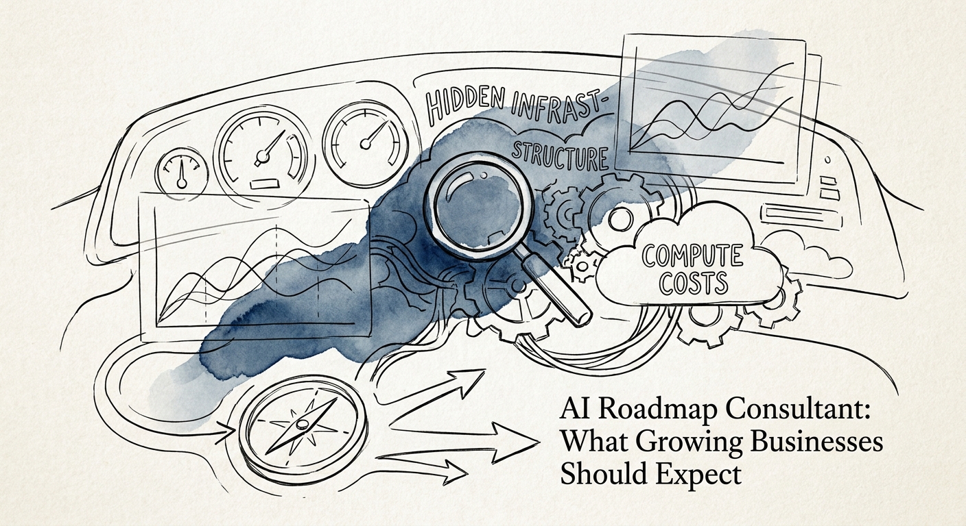 AI roadmap checklist showing workflow redesign, source data, governance controls, adoption owner, and ROI scorecard.