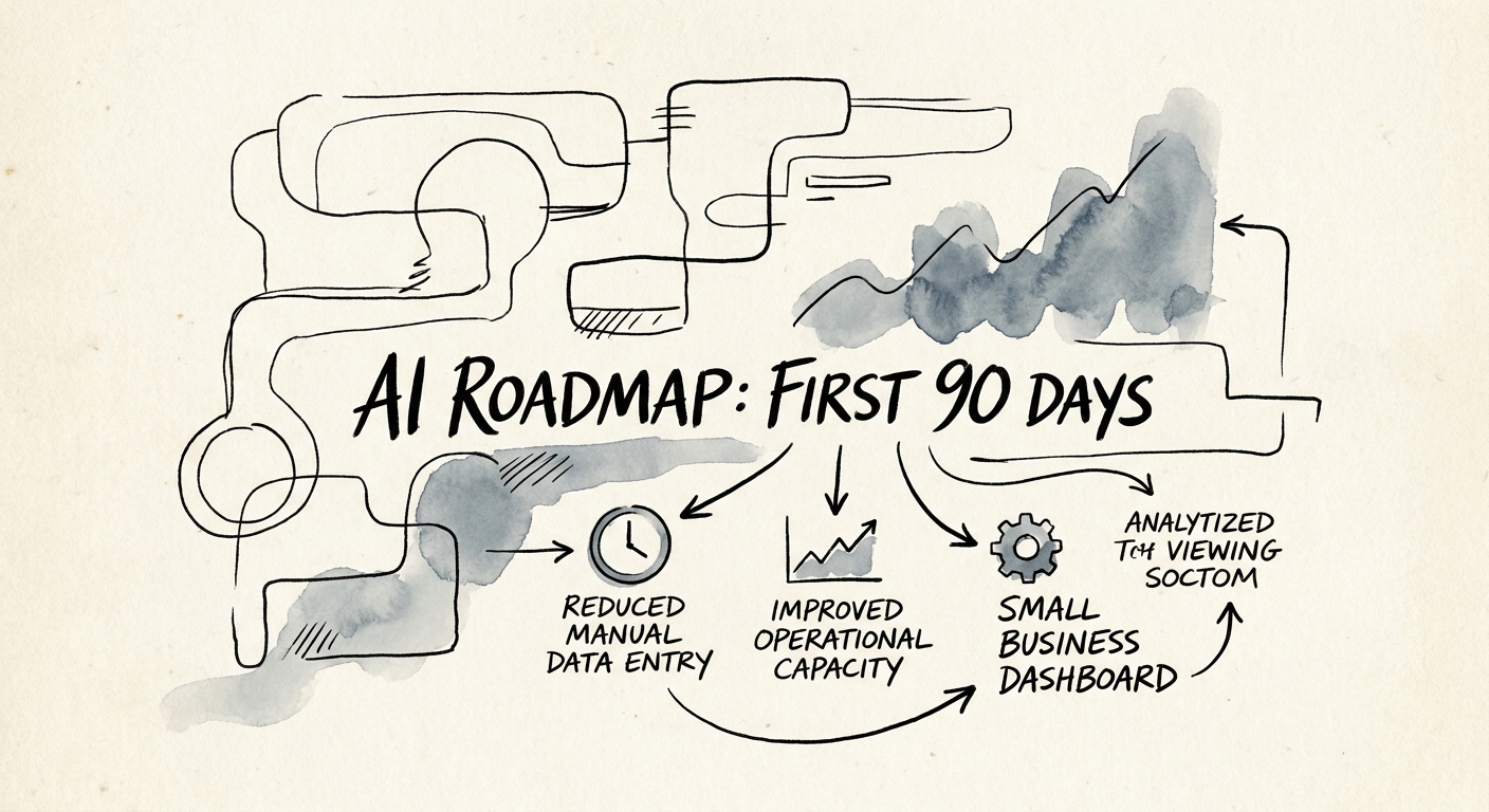 90-day AI roadmap for a small business showing one pilot, permission cleanup, and adoption review.