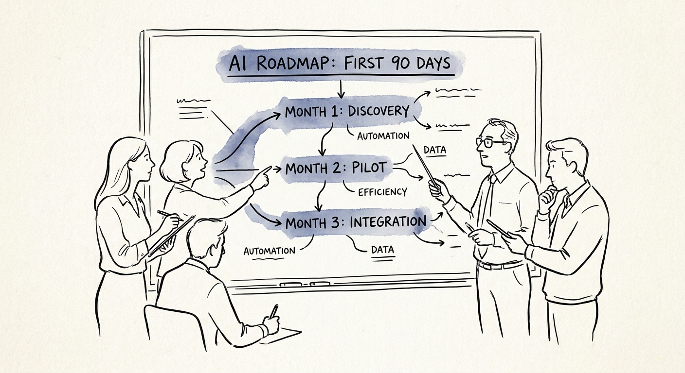 Founder reviewing a simple AI roadmap for a 10-person business.