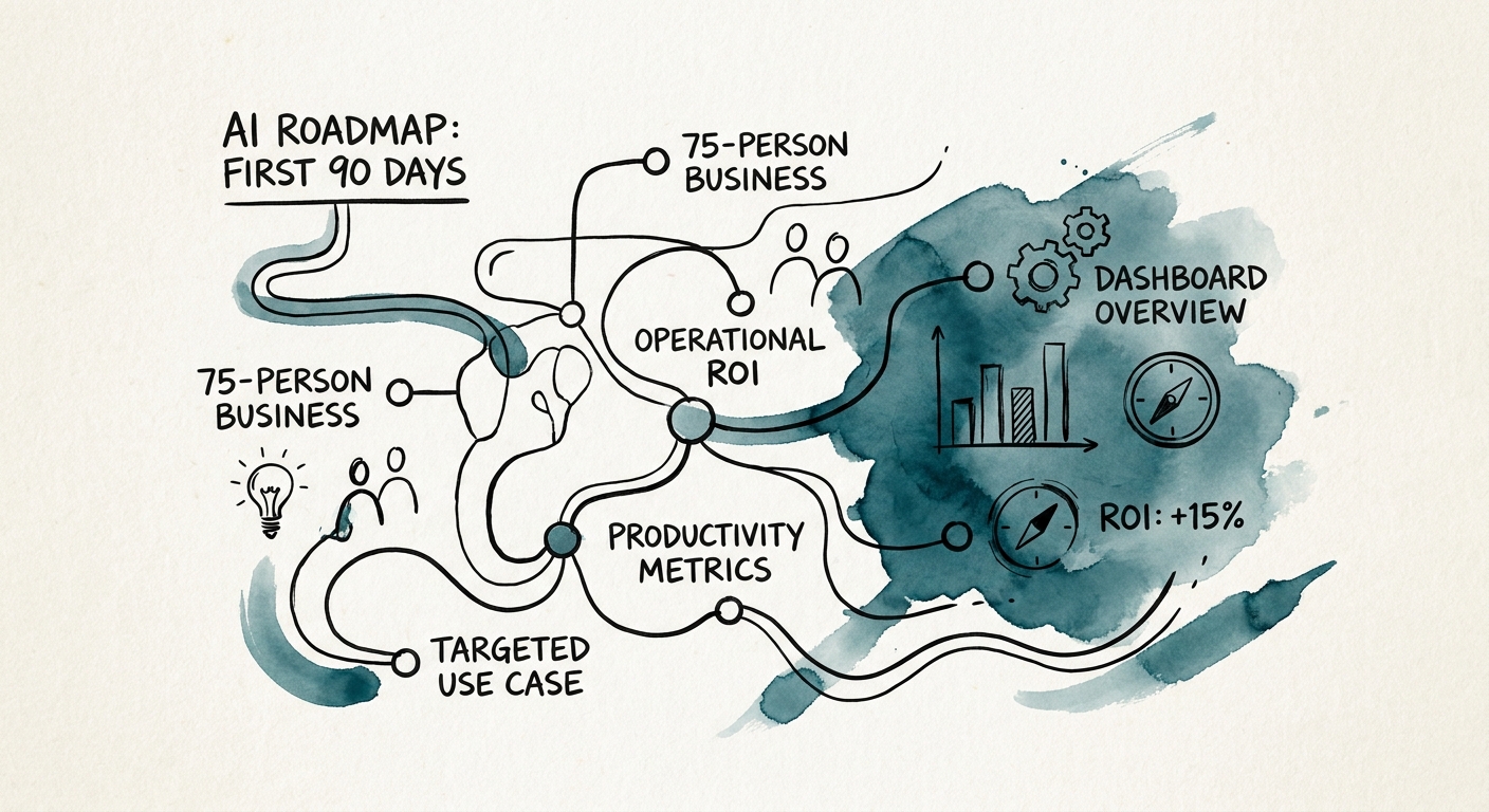 Ninety-day AI roadmap template showing workflow selection, data readiness, risk controls, pilot adoption, and executive decision points.