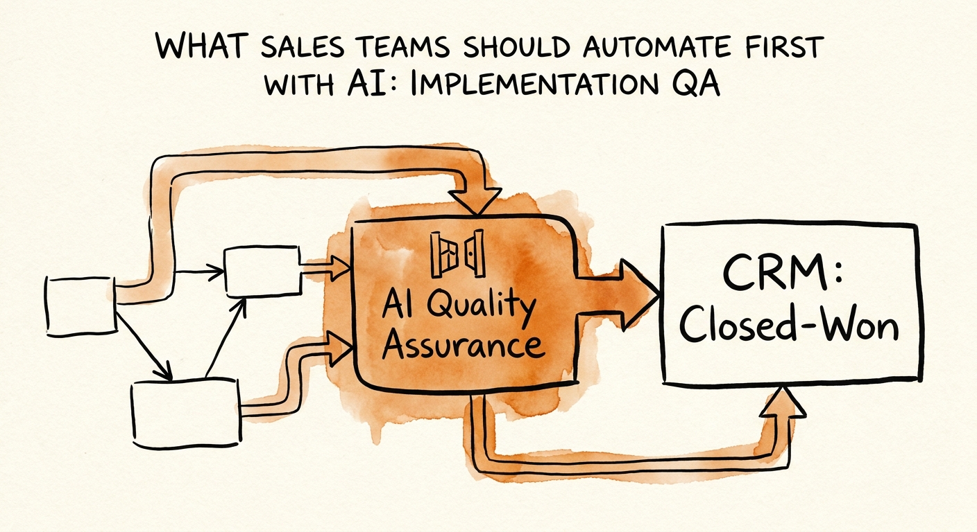 Implementation QA workflow showing signed scope, customer promise, missing requirement, delivery owner review, and kickoff readiness decision.