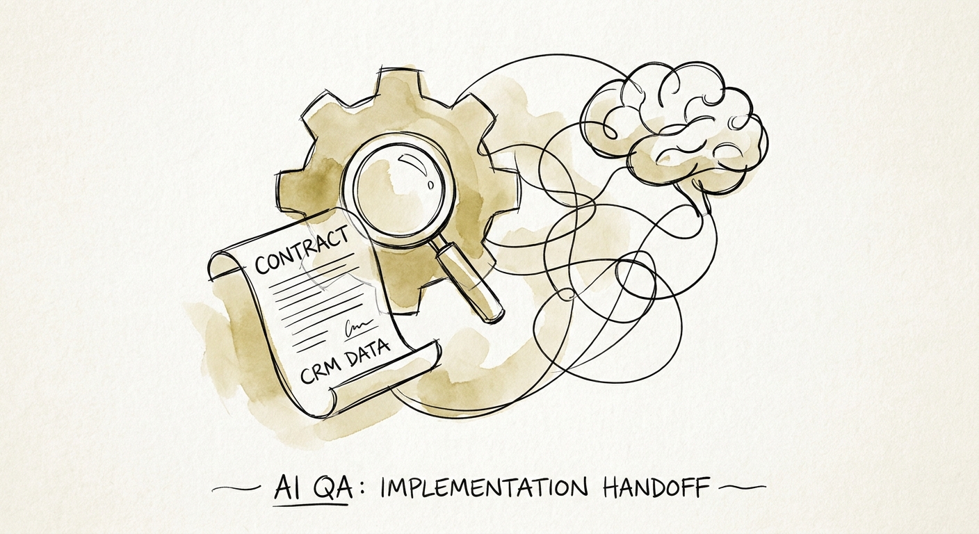 Sales and implementation leaders checking sold scope, kickoff notes, acceptance criteria, and customer-success requirements before delivery starts.