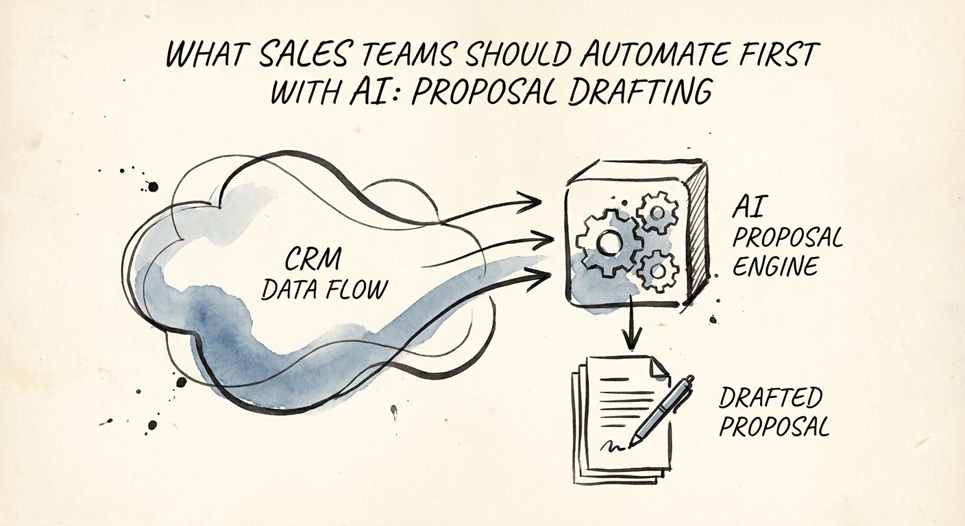 Sales proposal AI workflow showing account notes, approved claims, draft generation, manager review, and delivery handoff.