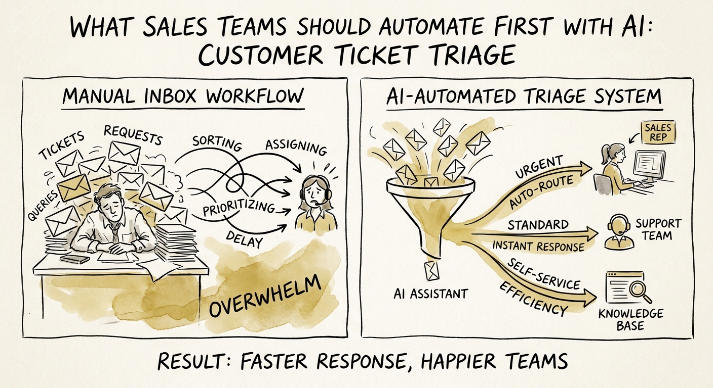 Sales ticket triage workflow showing inbound request, account context, queue taxonomy, reviewer override, and wrong-owner tracking.