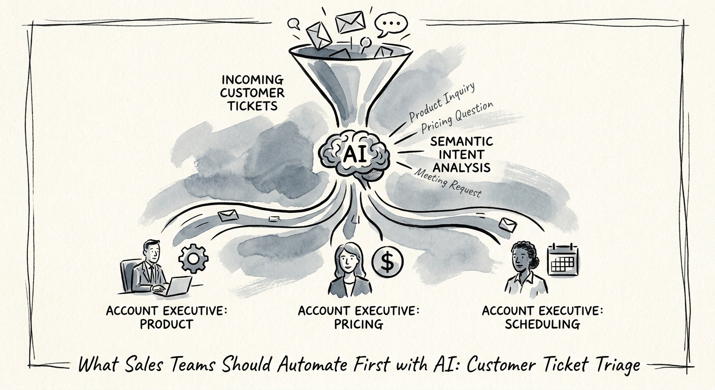 Revenue operations leader reviewing ticket category, account owner, SLA, and escalation reason before accepting AI-assisted sales triage.